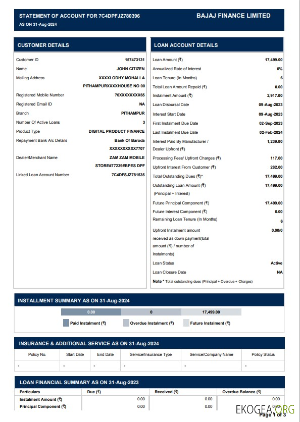 Modèle de relevé bancaire INDIA BAJAJ FINANCE LIMITED, format Word et PDF